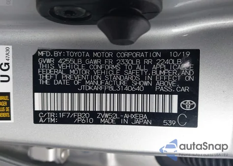 2020 Toyota Prius Prime Le z USA, uszkodzony, nr VIN JTDKARFP8L3140640